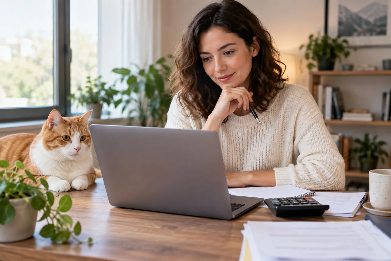 Owner using a laptop with a tabby cat nearby